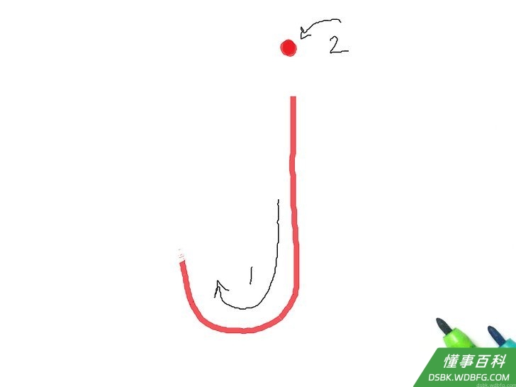 Step 10 字母j：与大写J相同，但在书写行里需写在较低的位置，并在顶端画一个点。