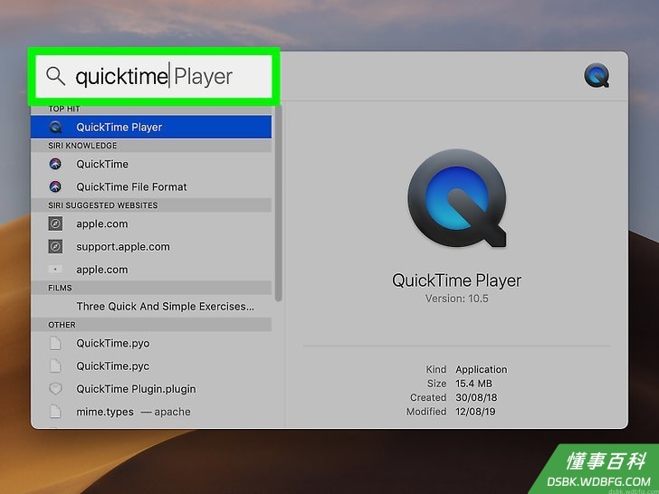 Step 7 在“聚焦”搜索中，输入quicktime，找到Mac电脑上的QuickTime应用。