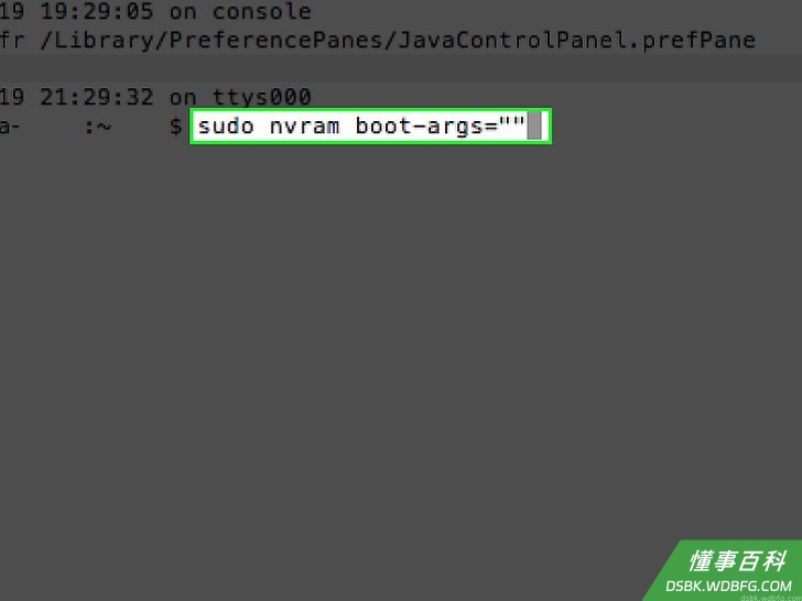 Step 6 输入.sudo nvram boot-args="" 命令，按下Return键。
