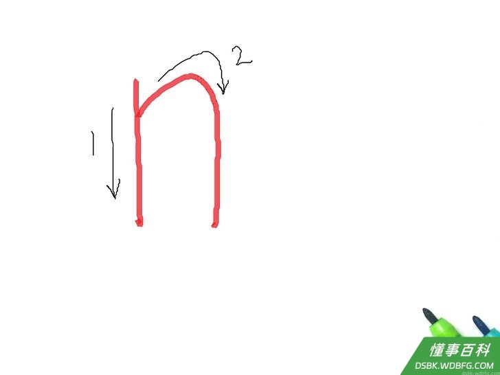 Step 14 字母n：与小写m相同（参看小写字母步骤13），但只需画一个驼峰。