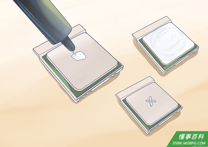 Step 1 把散热膏粘贴到散热器的底部。