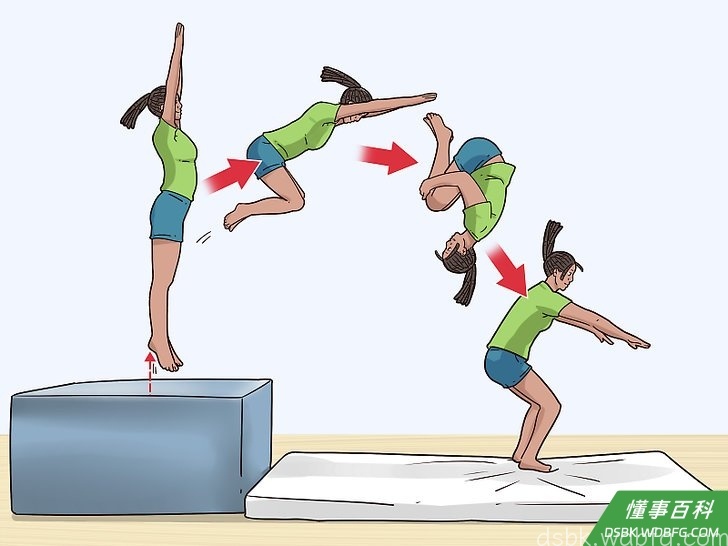 Step 5 从方块体操垫起跳,对着软垫做前空翻。