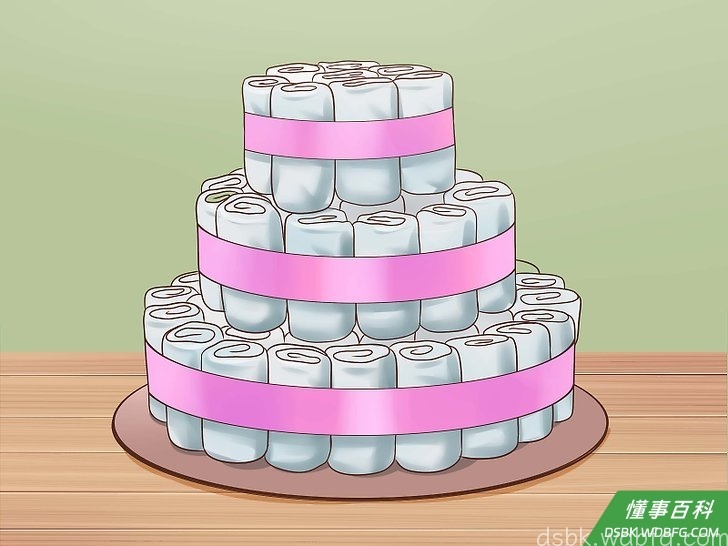 Step 2 在每层外用一条彩带扎起来。