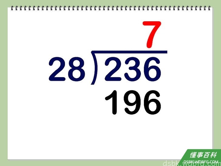 Step 3 把这个数字和除数相“乘”(我们所举的例子中，除数是28) 把乘得结果写在原被除数下方。