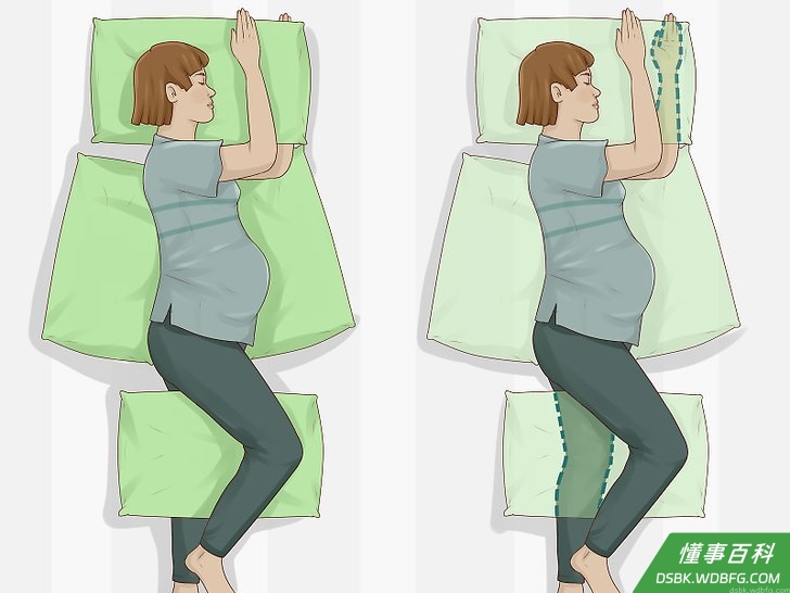 Step 1 让妻子侧躺，用枕头支撑身体。