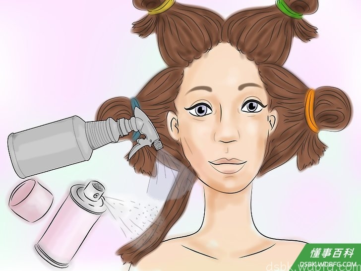 Step 3 从大部分里抽出一小缕头发,喷上一些水再喷上一些发胶。