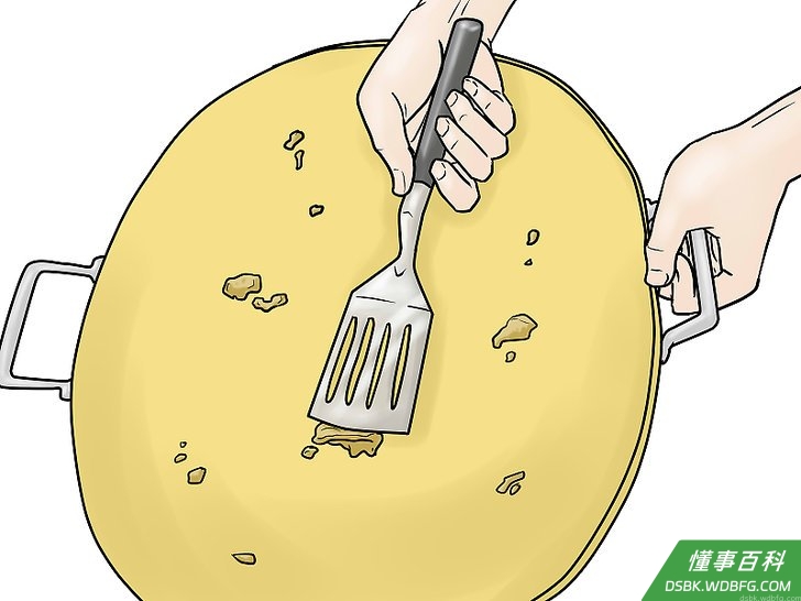 Step 1 用金属铲一类的工具清除掉盘子表面粘住的食物。