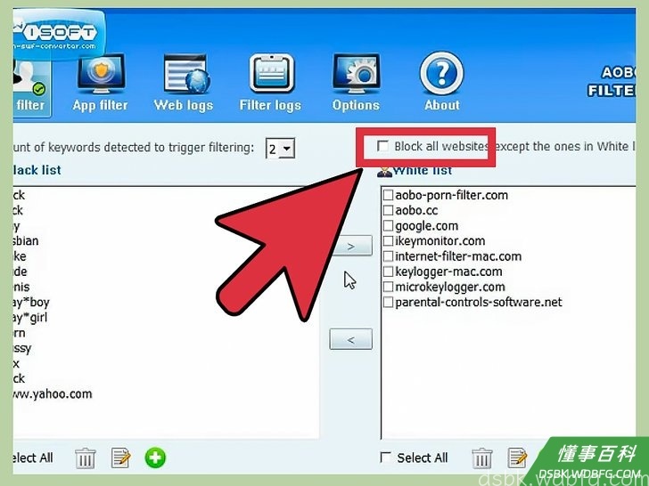Step 5 如果你想设置一个比较严格的网络屏蔽，你可以选取"Block All Websites...
