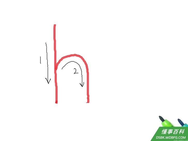 Step 8 字母h：画一条直线，在直线半腰处往右画一条弧线，再以直线往下。