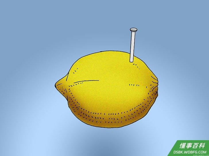 Step 2 在第一个水果上插一片锌片。