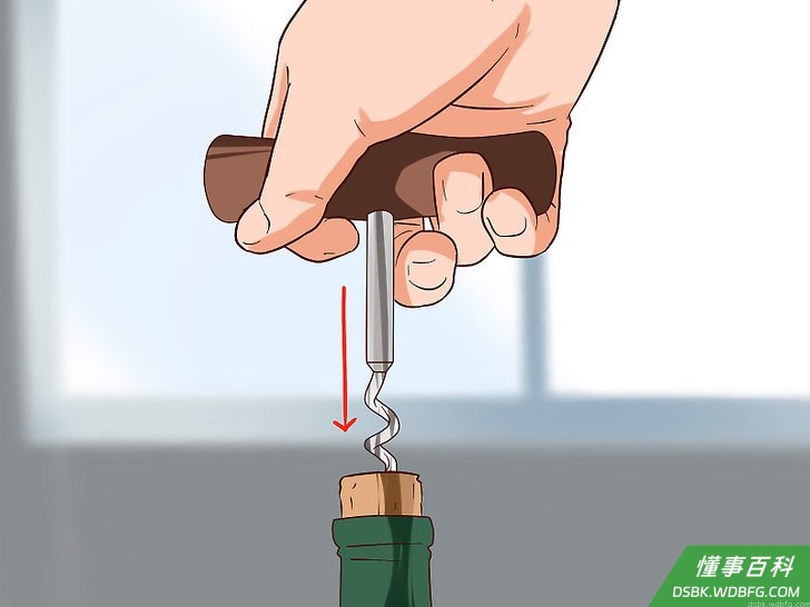 Step 2 把螺旋钻沿与瓶塞表面垂直方向旋入瓶塞。