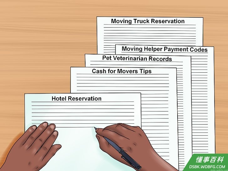 Step 2 将搬家过程中需要用到的重要文件放在一起，包括搬家卡车预订文件、搬家公司付款代码（如有）、宠物看兽医的记录（如有）、给搬家工人的小费、酒店预订文件、重要人士的联系信息（房屋中介或业主），以及来不及拆开箱子就得用到的重要文件。...