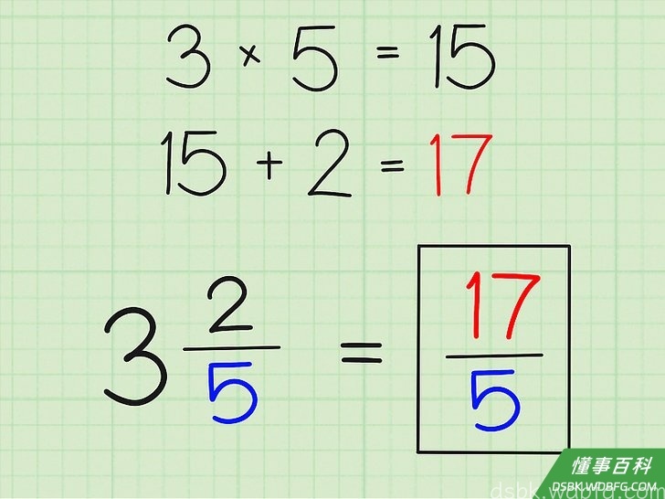 Step 4 把你所得到的数字作为分子放在原来的分母上，你会得出一个假分数。