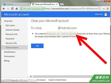 Step 9 点击“关闭Hotmail账号”。